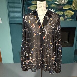 CAbi Black Blouse with Colorful Chain Pattern